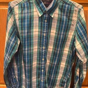 Tommy Hilfiger Men's Blue and Green Checkered Shirt